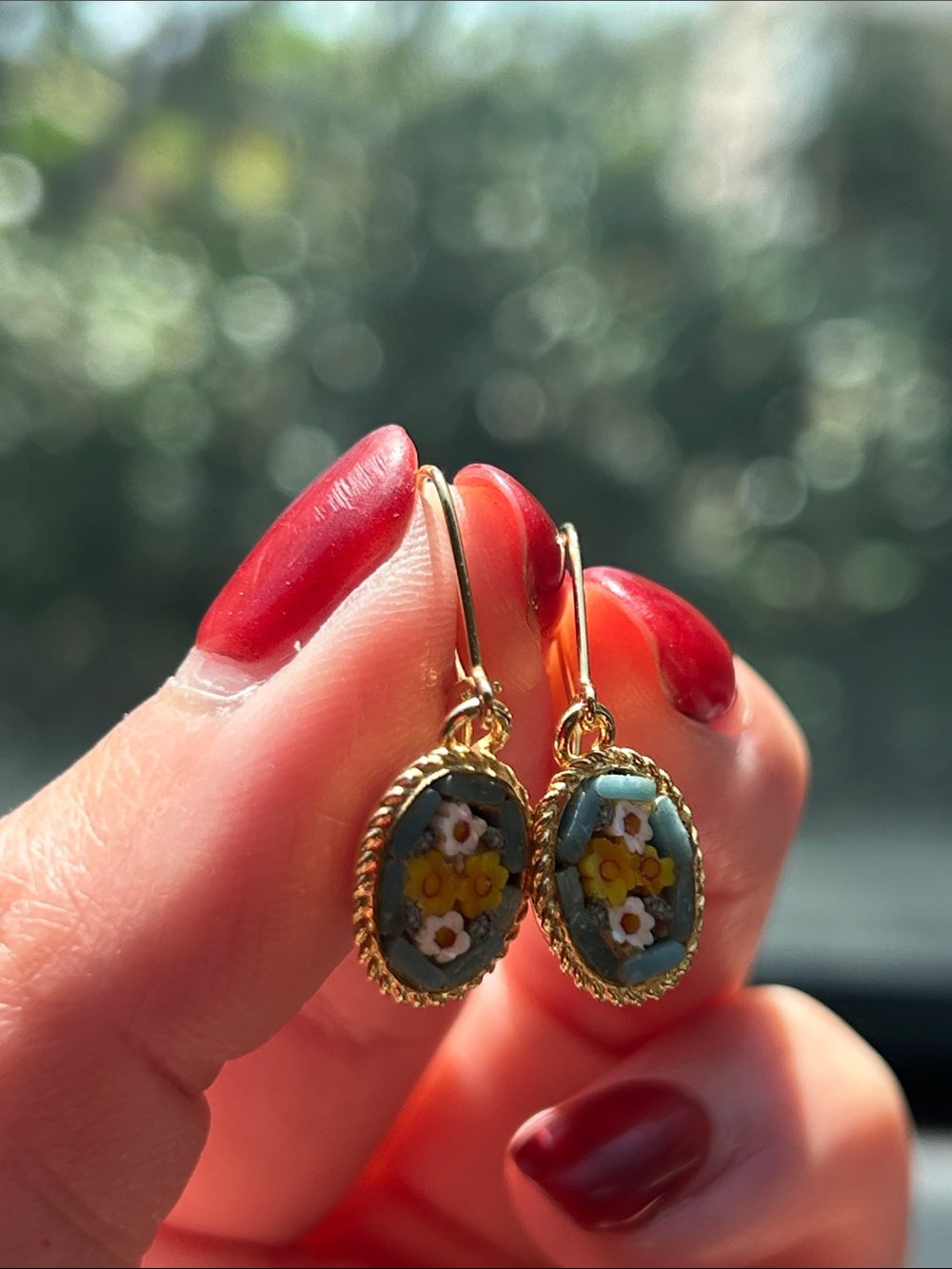 Micro Mosaic Gold-Tone Aqua Floral Drop Earrings